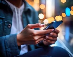 A close-up shot of hands using a mobile phone, likely texting or browsing (1)