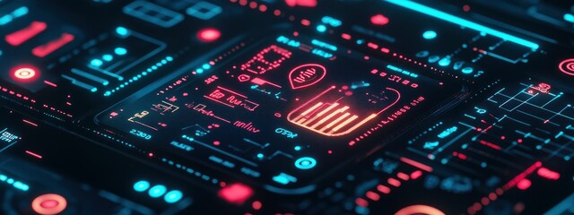 Obraz premium Close-up of a smart watch interface, glowing icons and data points, soft blue ambient light surrounding