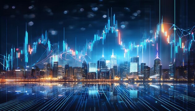 A dynamic financial chart with glowing lines and candlesticks overlays a night cityscape, su (1)