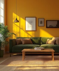 A lounge with mustard yellow walls, an olive green sofa, and a wooden coffee table