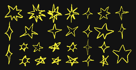 Set of fun like kid drawing yellow stars on black chalkboard. Collection of wax pencil texture geometric elements. Night sky symbols scribble, doodle. Rough crayon, chalk vector illustration