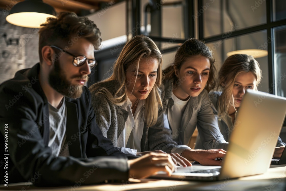 Poster People collaborating on laptop with multiple screens and devices, versatile image for office or remote work settings