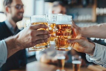 A gathering of friends or colleagues celebrating with beer glasses, perfect for party and social occasions
