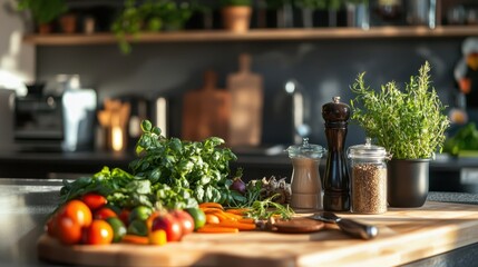 A modern kitchen setup with fresh herbs, spices, and vegetables on a cutting board, showcasing the preparation of a nutritious home-cooked meal.