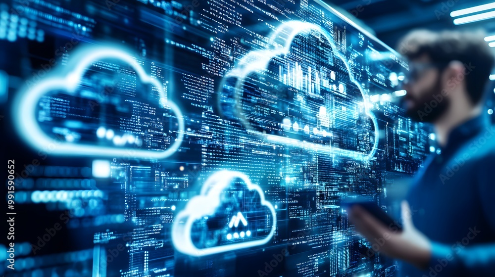 Poster man interacting with a digital interface showing cloud computing symbols