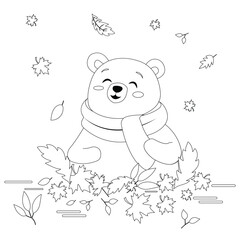 Cute carefree bear in a scarf against the backdrop of autumn leaves. Vector outline illustration, coloring page, line art.
