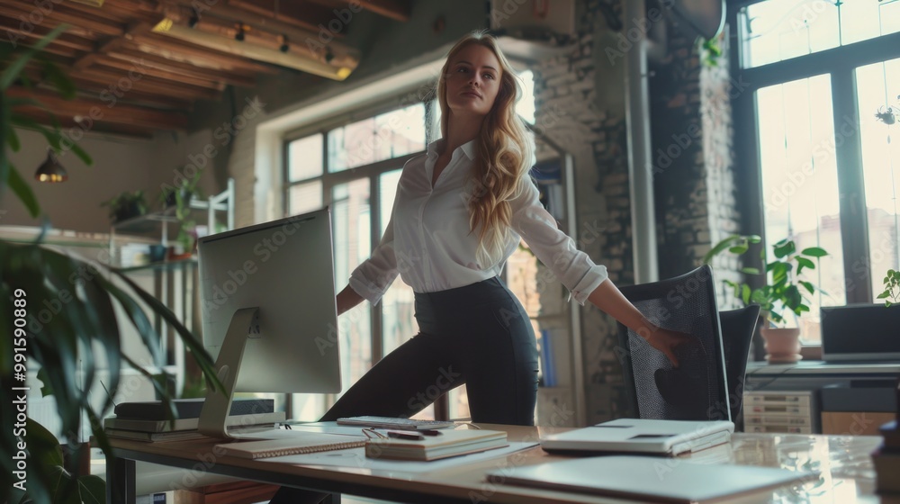 Aufkleber a woman standing in front of a computer monitor, working or browsing