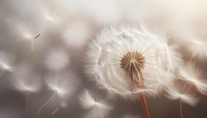 Fragile dandelion fluff in faded focus on a gentle, neutral background; soft fibers convey a sense of warmth and hopefulness in a peaceful, calming composition