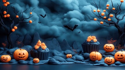 A festive dessert with a whimsical carved pumpkin for a playful halloween design concept