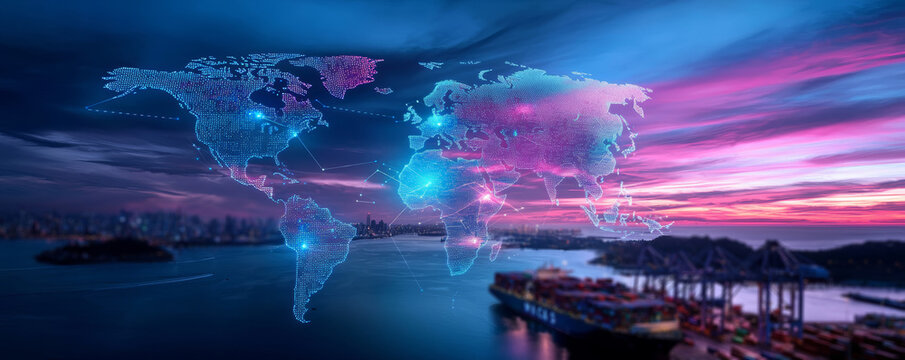 A digital world map layered over a port at sunrise, symbolizing the future of global trade and the seamless movement of goods between countries.