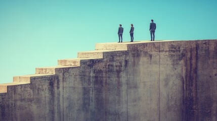 Three business people stand on the edge of ascending concrete steps against a clear blue sky, symbolizing progress and achievement.