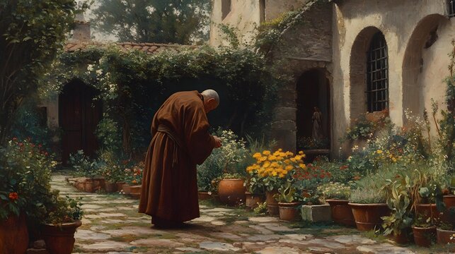 49. A Christian monk tending to a monastery garden