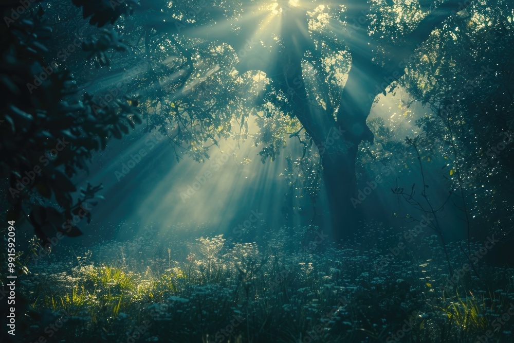 Poster a serene scene with sunlight shining through the trees in a dense forest, perfect for use in nature-