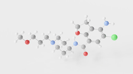 prucalopride molecule 3d, molecular structure, ball and stick model, structural chemical formula prokinetic agents