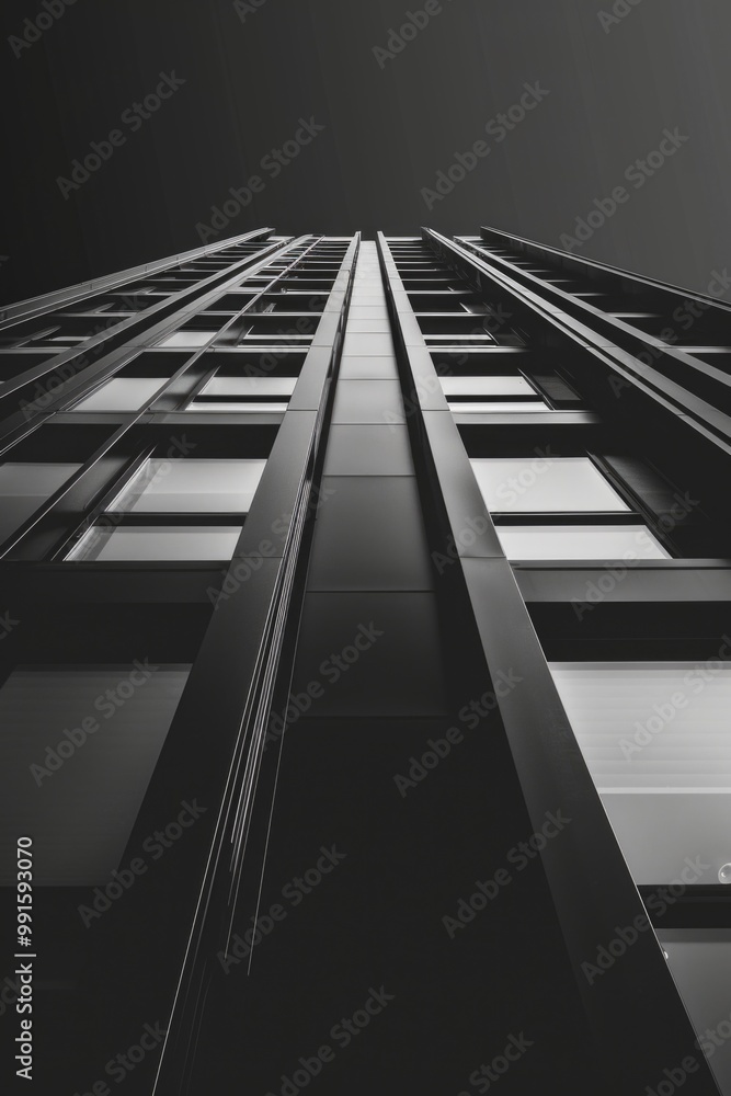 Poster a black and white photo of a tall building with a unique architecture