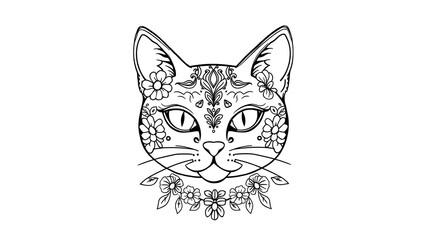 Hand drawn doodle outline cat head decorated with ornaments.Vector zen art illustration.Floral ornament.Sketch for tattoo or coloring pages.Boho style. Generative AI