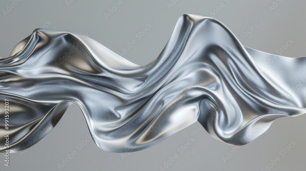 Poster close-up shot of shiny silver fabric against a neutral gray background, ideal for use in product or 