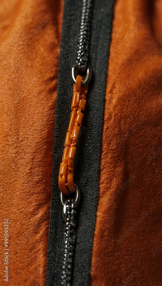 Poster close-up of a zipper and orange drawstrings on a backpack.