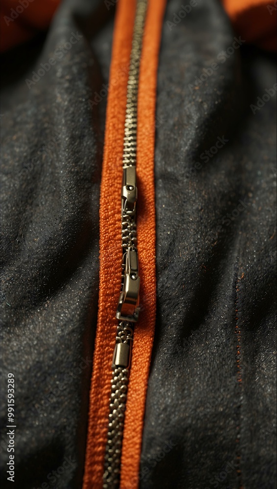 Poster close-up of a zipper and orange drawstrings on a backpack.