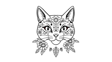 Fototapeta premium Hand drawn doodle outline cat head decorated with ornaments.Vector zen art illustration.Floral ornament.Sketch for tattoo or coloring pages.Boho style. Generative AI