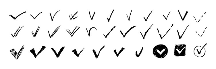 Set of check mark shapes. Black V handdrawn signs collection. Yes symbols for vote, quiz or survey. Simple choice icons. Check doodle mark child handwritten. Vector illustration isolated on white bg