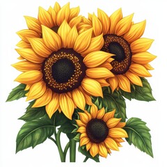 Naklejka premium A vibrant bouquet of sunflowers showcasing their striking yellow petals and dark centers in a lush green setting, white background