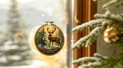Naklejka premium Watercolor deer in the forest embroidery pattern