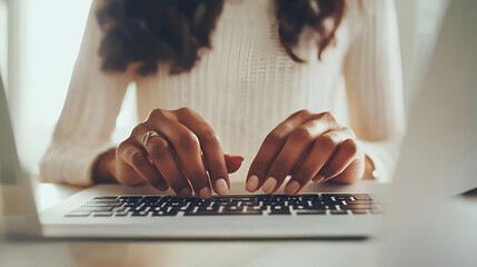Close-up of woman's hands are typing on a computer keyboard. Young businesswoman sitting at office and working online.