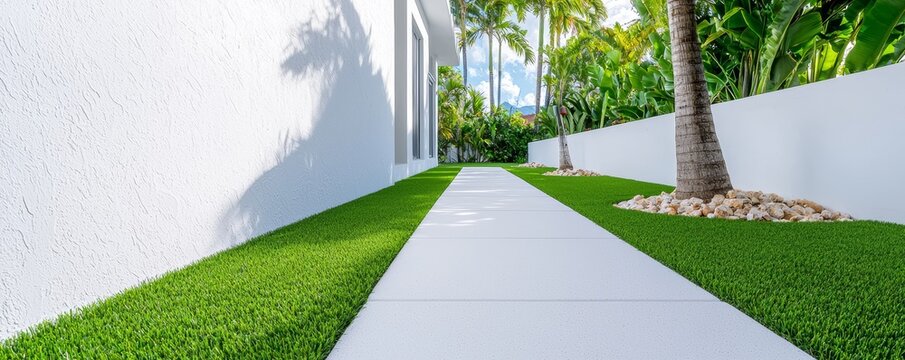 A stylish modern home with an artificial grass front yard and linear landscaping, showcasing the efficiency and beauty of minimalistic design.