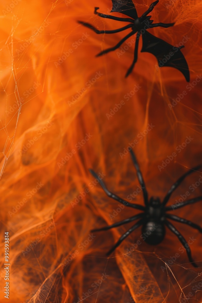 Poster a close-up view of two black spiders sitting at the center of their intricate web