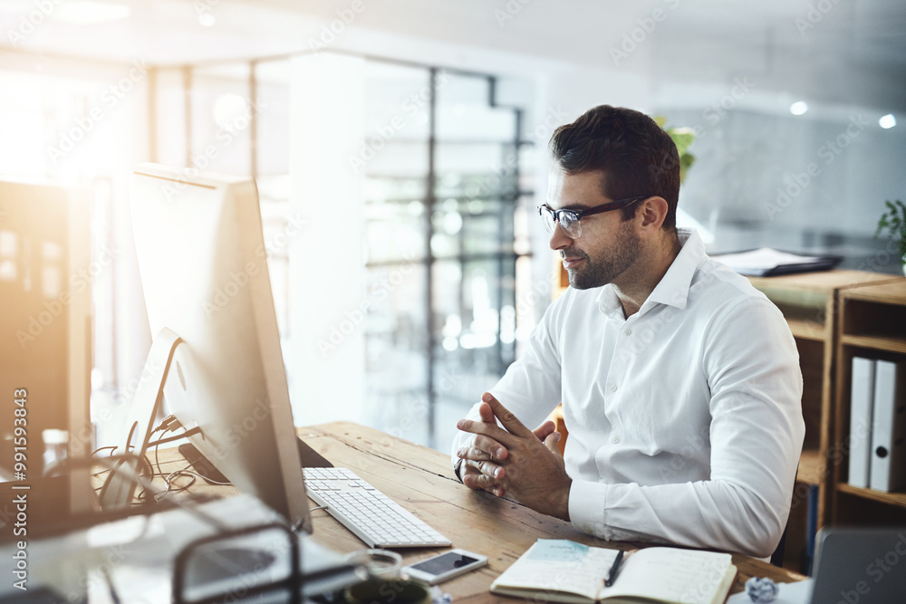 Poster business, man and reading computer at office on website or research and information. lens flare, mal
