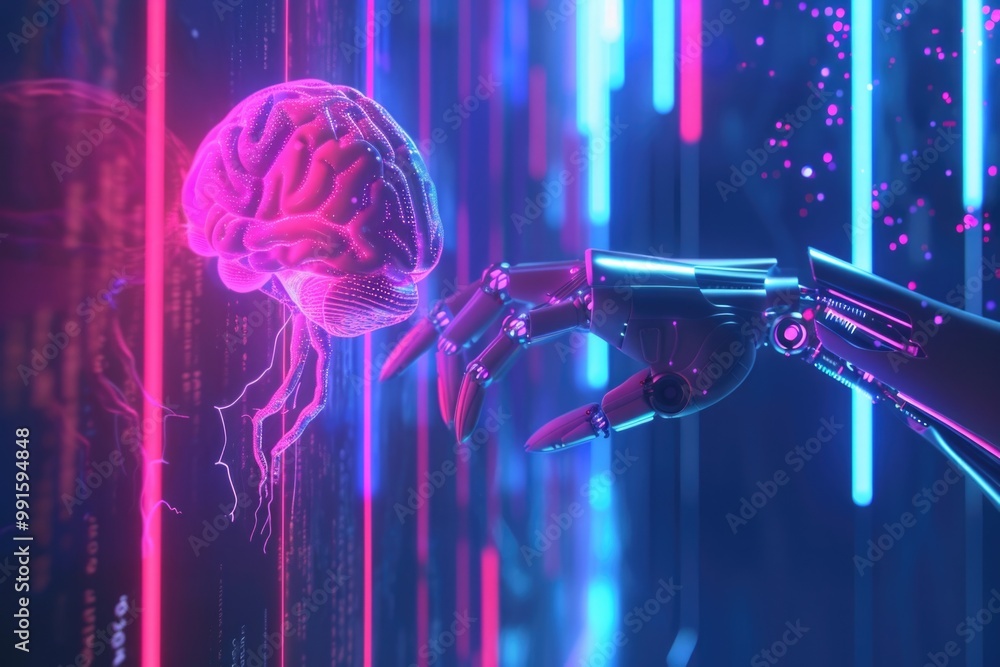 Poster A robot hand gently touches a human brain in a lab setting, highlighting the intersection of technology and medicine
