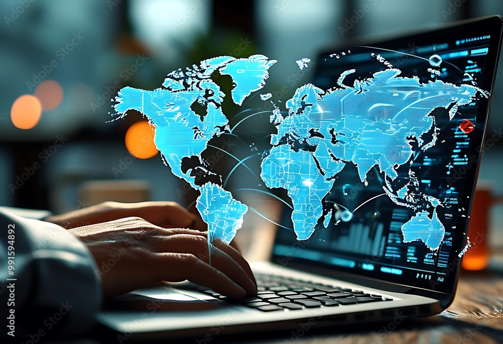 Poster hands typing on a laptop, with a global network and data visualization overlay, symbolizing internat