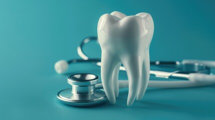 A tooth is being examined with a stethoscope next to it