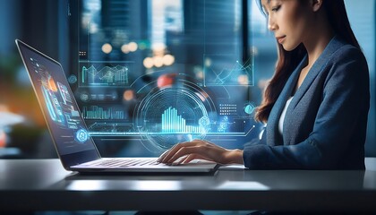 Hands typing on a laptop with a futuristic digital data analysis interface overlay on a blur(4)