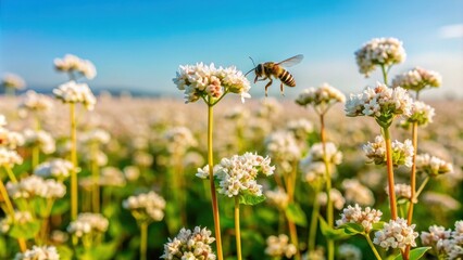 Fototapeta premium California buckwheat plants being pollinated by bees in a sunny field, California, buckwheat, plants, bees, pollination