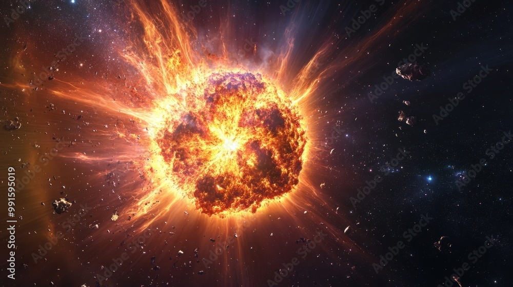 Wall mural bright supernova explosion, sending shockwaves and debris outward from a dying star in deep space