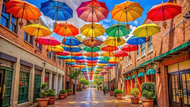 Colorful umbrellas hanging above Orange Street Alley in Downtown Redlands, California , umbrellas