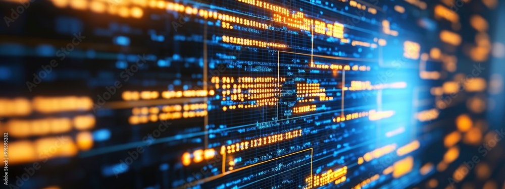 Poster close-up of an artificial intelligence data feed, glowing lines of code, soft sterile light in the b