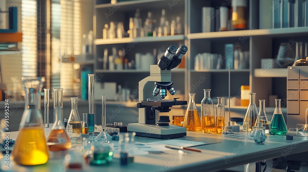 Poster a microscope and assorted lab equipment on a table in a laboratory