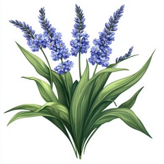 Fototapeta premium A beautiful illustration of blue flowers surrounded by lush green leaves, perfect for adding a touch of nature to your designs, white background