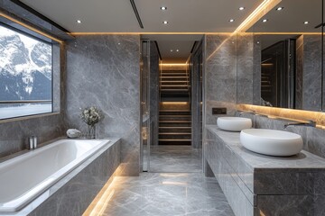 A luxurious bathroom featuring grey marble walls and floors, a white countertop sink, and a large mirror, making the space feel elegant and spacious