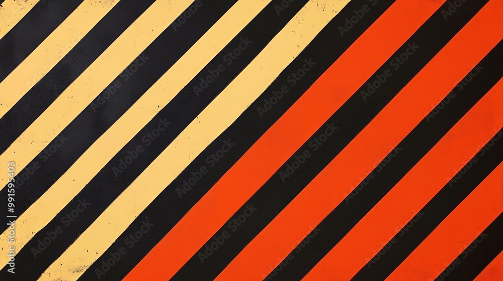 Poster diagonal striped pattern of yellow and black on one side and red and black on the other.