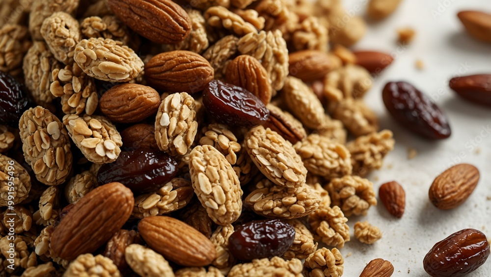 Poster close-up of granola mixed with dates and almonds against a white backdrop.
