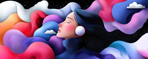 A woman lost in thought while listening to her favorite podcast, surrounded by an abstract world of color and design.
