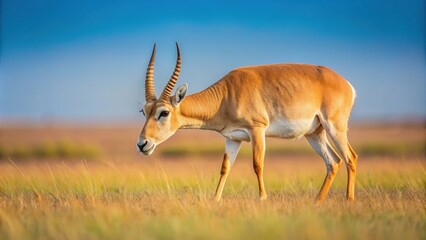 Fototapeta premium Saiga antelope grazing in the steppe landscape, Saiga, tatarica, wildlife, animal, steppe, grassland