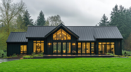 Obraz premium Black farmhouse exterior design, a modern-style house with a black metal roof and large windows