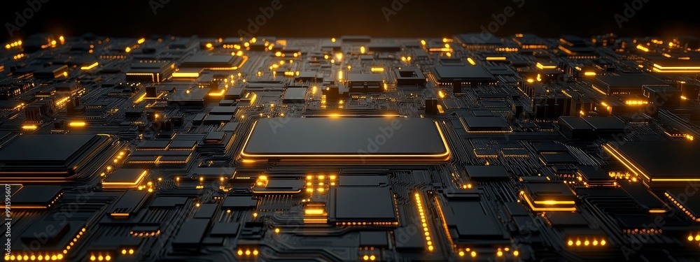 Poster close-up of an artificial intelligence neural chip, circuits glowing softly under a soft sterile lig