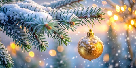 A close up of a snow covered pine branch featuring a hanging golden bauble as a christmas decoration with shimmering background lights highlighting the festive atmosphere