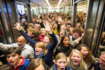 in a bustling city mall a diverse crowd of individuals are eagerly rushing into a store during a major sale event showcasing their excitement and anticipation